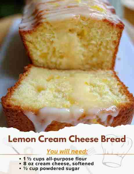 Lemon Cream Cheese Bread Ingredients: For the bread: - 1 ½ cups all-purpose flour - 1 tsp baking pow...