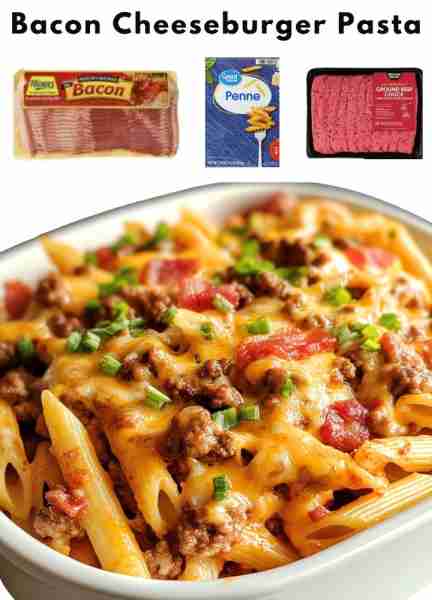 Bacon Cheeseburger Pasta Ingredients: - 8 oz penne pasta - 1 lb ground beef - 6 slices bacon, choppe...