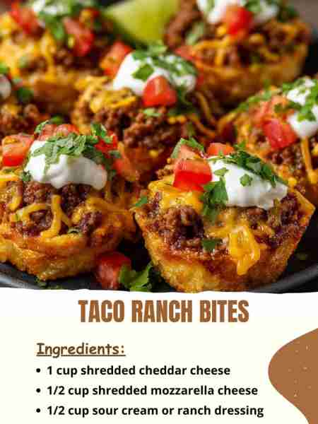 Taco Ranch Bites Ingredients: 1 cup shredded cheddar cheese ½ cup shredded mozzarella cheese 1/2 cup...