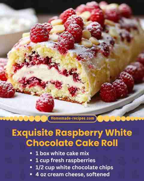 Exquisite Raspberry White Chocolate Cake Roll 📋 Ingredients • 1 box white cake mix (plus ingredient...