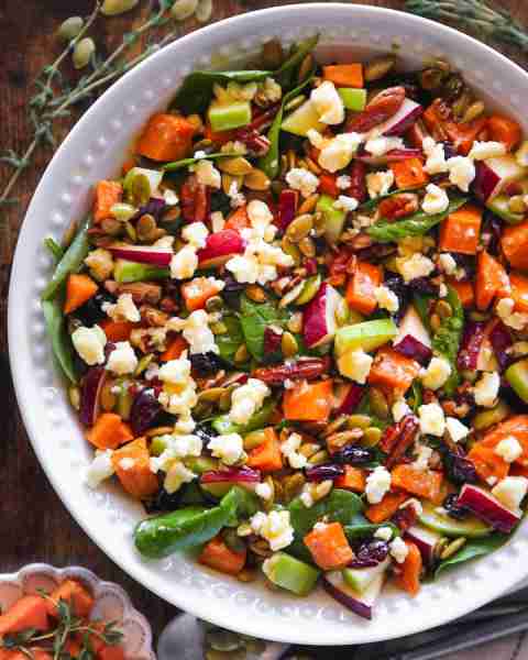 🍏🍎I could eat this salad on repeat.🍠🍠 Spinach Salad with Roasted Sweet Potatoes, Apples, Cranber...