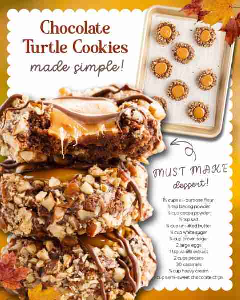TURTLE COOKIES 🍫🍯 chewy, nutty & packed with caramel goodness! INGREDIENTS ⬇️ 1½ cups all-purpose...