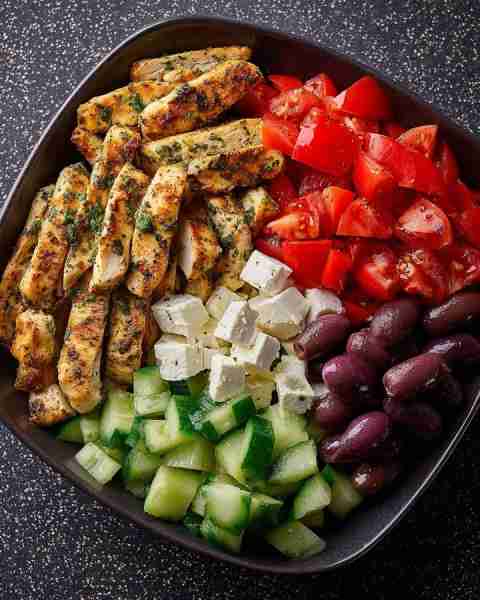 Ultimate Greek Chicken Salad Bowl 🥗🍗🧀 Prep Time: 20 minutes Cook Time: 10 minutes Servings: 2 Cal...
