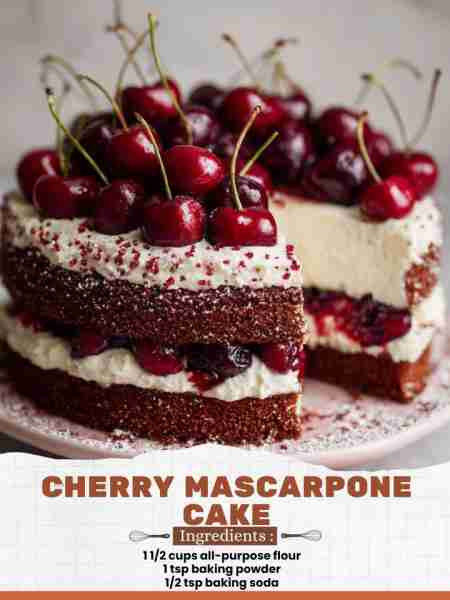 Cherry Mascarpone Cake Ingredients: 1 ½ cups all-purpose flour 1 tsp baking powder ½ tsp baking soda