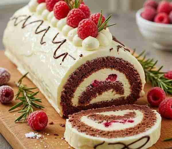 🍫🍓 Chocolate Raspberry Swiss Roll with Cream Cheese Frosting Light chocolate sponge rolled with ra...