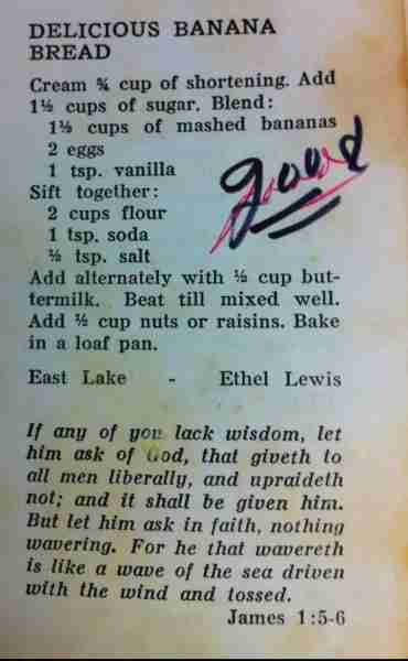 Ethel shares her banana bread recipe in this old #churchcookbook Another home cook notes, "good". Wh...