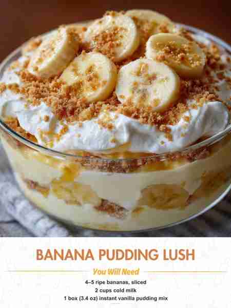 Banana Pudding Lush Ingredients: 4–5 ripe bananas, sliced 2 cups cold milk 1 box (3.4 oz) instant va...