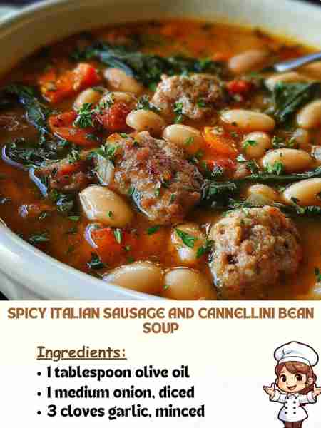 Spicy Italian Sausage and Cannellini Bean Soup Ingredients: 1 tablespoon olive oil 1 medium onion, d...