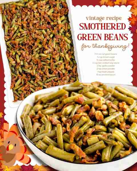 SOUTHERN SMOTHERED GREEN BEANS 🥘 loaded with flavor & bacon! INGREDIENTS ⬇️ 72.5 oz cut green beans...