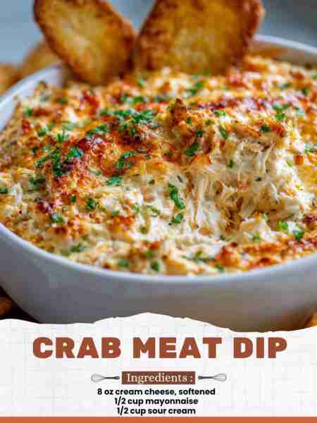 Crab Meat Dip Ingredients: 8 oz cream cheese, softened ½ cup mayonnaise ½ cup sour cream