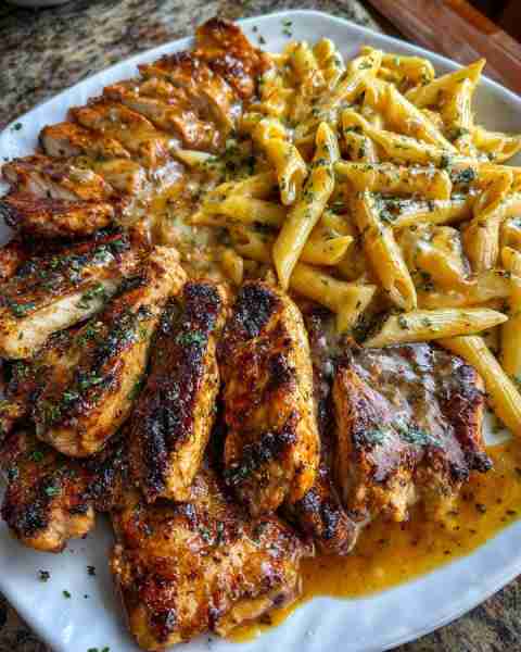 Garlic Butter Chicken Penne with Creamy Parmesan Cheese Ingredients: 1 pound penne pasta 2 pounds bo...