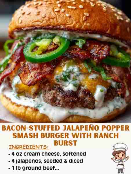 🌶️🥓🍔 Bacon-Stuffed Jalapeño Popper Smash Burger with Ranch Burst – A Flavor Explosion! Ingredients...