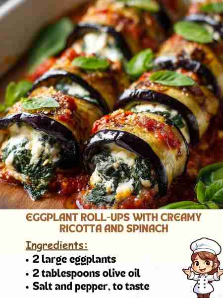 Eggplant Roll-Ups with Creamy Ricotta and Spinach Ingredients: 2 large eggplants 2 tablespoons olive...