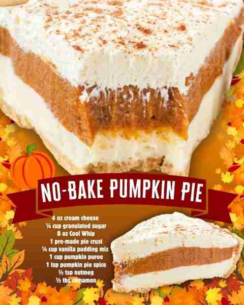 NO-BAKE PUMPKIN PIE 🎃 4 oz cream cheese ¼ cup granulated sugar 8 oz Cool Whip 1 pre-made pie crust...