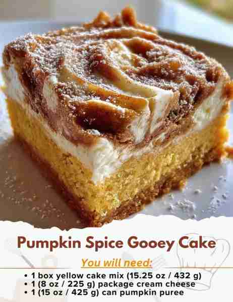 Pumpkin Spice Gooey Cake Ingredients: For the Cake Base: - 1 box yellow cake mix (15.25 oz / 432 g)...