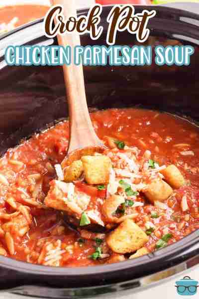 Crock Pot Chicken Parmesan Soup is a comforting soup with tender chicken, fresh vegetables, and Ital...