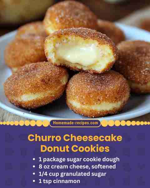 Churro Cheesecake Donut Cookies 📋 Ingredients • 1 package sugar cookie dough • 8 oz cream cheese, s...