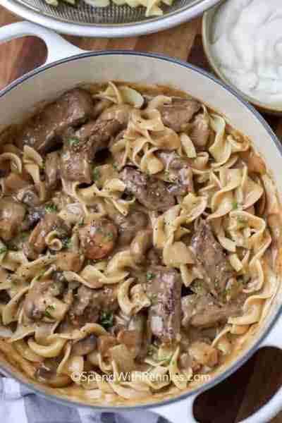 Comment RECIPE to get the recipe! My family LOVES this easy beef stroganoff! Strips of beef are smot...