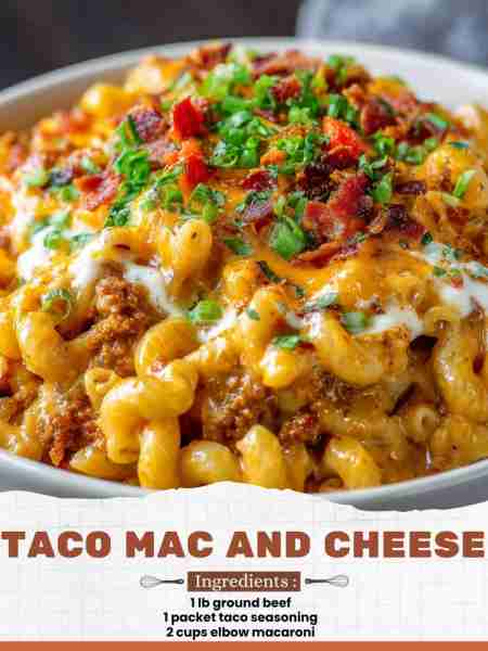 Taco Mac and Cheese Ingredients: 1 lb ground beef 1 packet taco seasoning 2 cups elbow macaroni