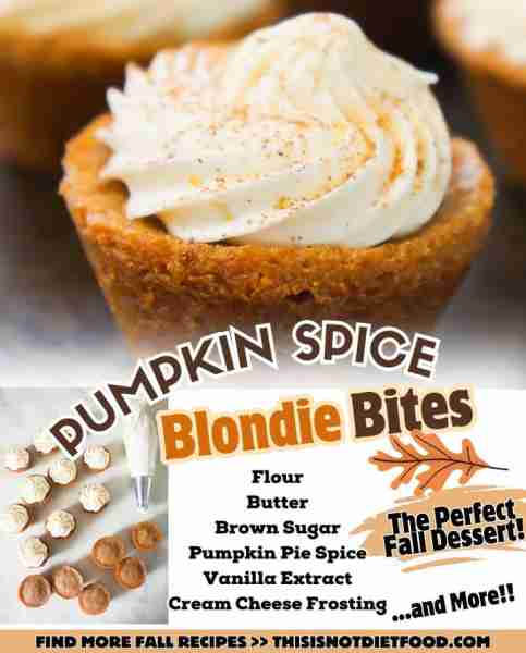 Pumpkin Spice Blondie Bites! Bite size pumpkin spice blondies with cream cheese frosting. Perfect de...