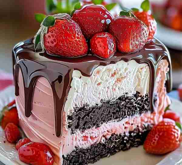 🍓🍫 Decadent Strawberry Chocolate Fantasy Ice Cream Cake Layers of rich chocolate cake, creamy stra...