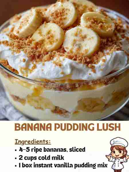 Banana Pudding Lush Ingredients: 4–5 ripe bananas, sliced 2 cups cold milk 1 box (3.4 oz) instant va...