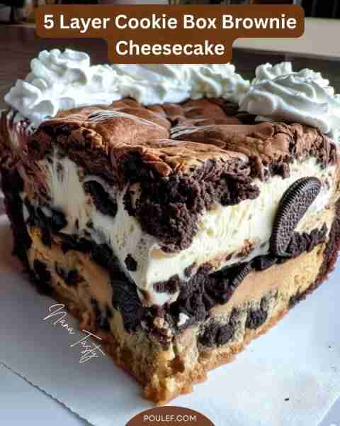 5 Layer Cookie Box Brownie Cheesecake Ingredients: - 16 oz chocolate chip cookie dough, room tempera...
