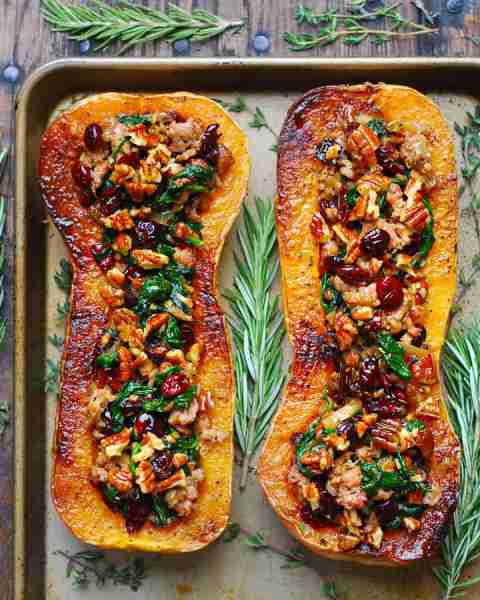 🧡Stuffed Butternut Squash with Sausage, Spinach, Pecans, and Cranberries.🧡