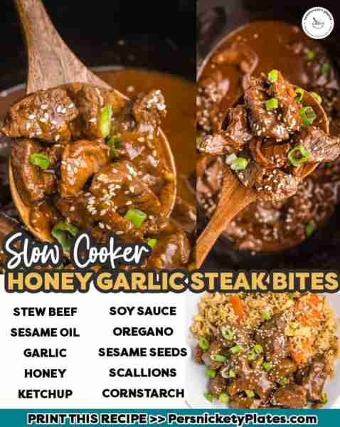 Slow Cooker Honey Garlic Steak Bites 🍯🧄😋 >> INGREDIENTS << 1 TB sesame oil 2 lb stew beef 4 clove...