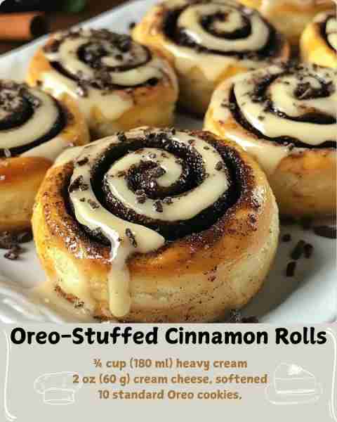 🍪 Oreo-Stuffed Cinnamon Rolls 🍪 Ingredients 1 (5-count) tube of refrigerated Pillsbury Grands! Cin...