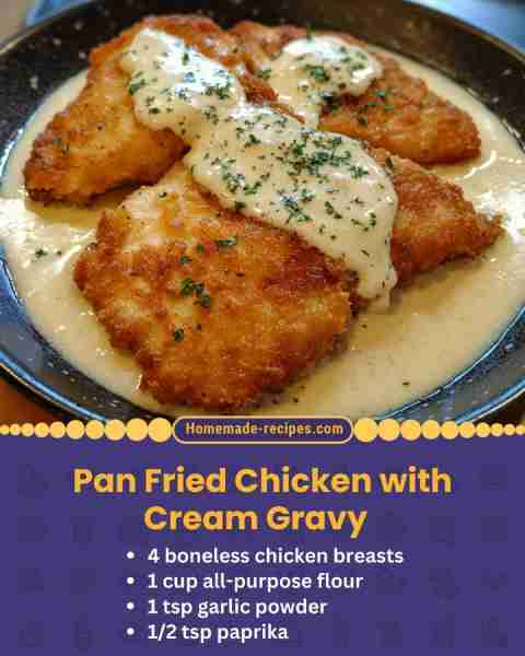 Pan Fried Chicken with Cream Gravy 📋 Ingredients • 4 boneless chicken breasts • 1 cup all-purpose f...