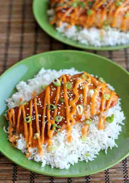 Teriyaki Salmon with Sriracha Cream Sauce - An easy dish with homemade teriyaki sauce and a sweet an...