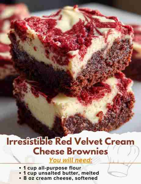 Irresistible Red Velvet Cream Cheese Brownies Ingredients: - 1 cup all-purpose flour - 1/2 cup unsw...