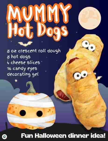 A spooky dinner the kids will love! 👻🌭 **MUMMY HOT DOGS** 8 oz crescent roll dough 8 hot dogs 4 ch...
