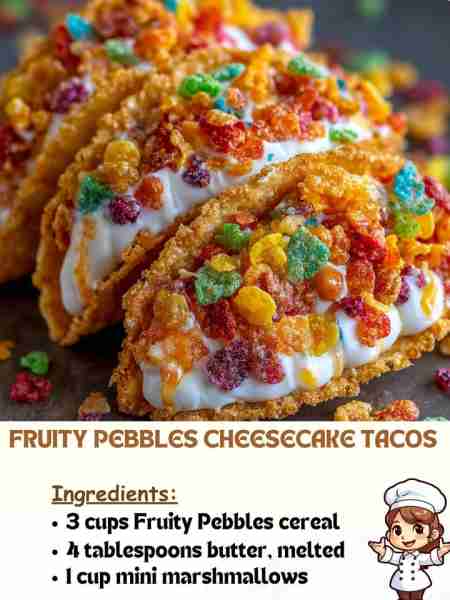 Fruity Pebbles Cheesecake Tacos Ingredients: 3 cups Fruity Pebbles cereal 4 tablespoons butter, melt...
