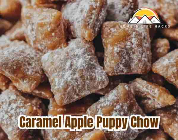 Caramel Apple Puppy Chow Ingredients: - 5 cups Rice Chex cereal - 1 cup white chocolate chips - 1 cu...