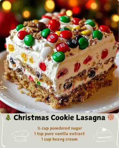 🎄 Christmas Cookie Lasagna 🍪 Ingredients For the Crust Layer 2 cups crushed vanilla wafer cookies...