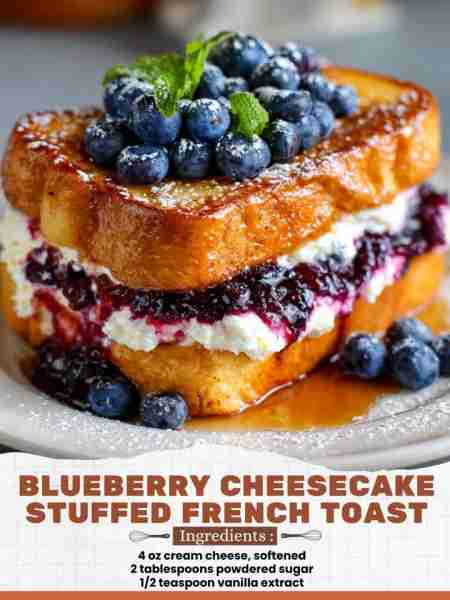 Blueberry Cheesecake Stuffed French Toast Ingredients: 4 oz cream cheese, softened 2 tablespoons pow...