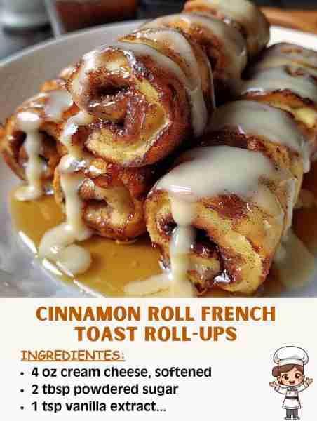🍥 Cinnamon Roll French Toast Roll-Ups 🛒 Ingredients: • 8 slices soft white bread, crusts removed •...
