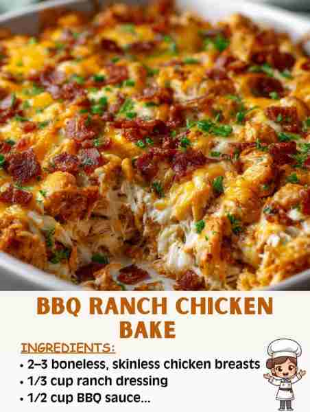 🍗🔥 BBQ Ranch Chicken Bake – Creamy, Cheesy & Bursting with Bold Flavor! 🛒 Ingredients: 2–3 bone...