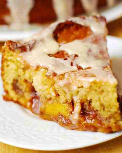 🍑🍑Peach Coffee Cake with Vanilla Glaze🍑🍑 (peaches mixed with brown sugar, cinnamon, and nutmeg)🍑🍑