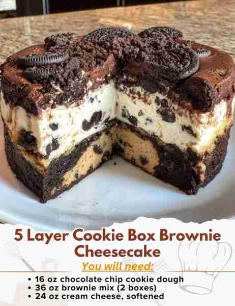 5 Layer Cookie Box Brownie Cheesecake Ingredients: - 16 oz chocolate chip cookie dough, room tempera...
