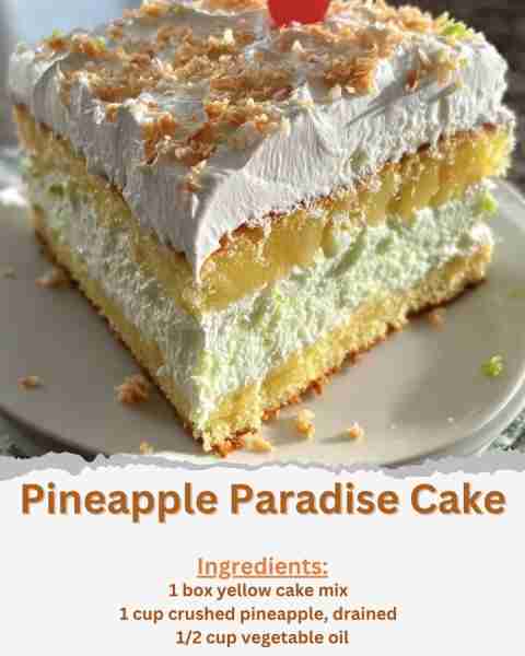 Pineapple Paradise Cake Ingredients: - 1 box yellow cake mix - 1 cup crushed pineapple, drained - 1/...