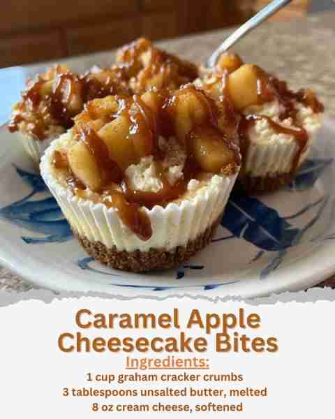 Caramel Apple Cheesecake Bites Ingredients: - 1 cup graham cracker crumbs - 3 tablespoons unsalted b...