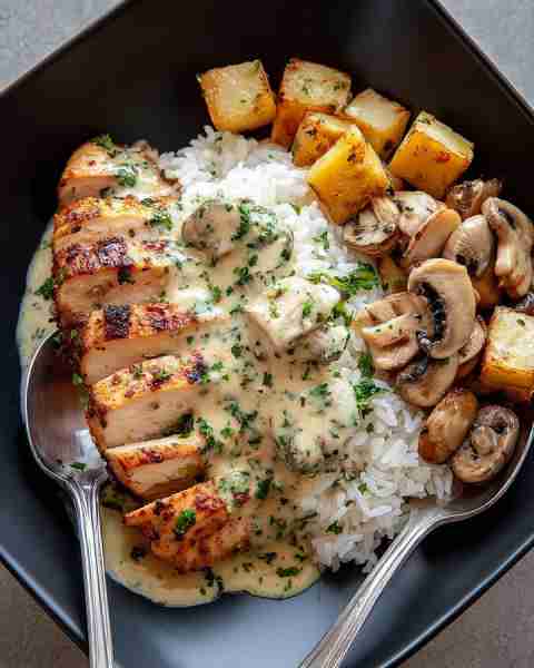 🍄 Creamy Garlic Mushroom Chicken with Herbed Rice & Golden Potatoes 🥔🍚 Prep Time: 20 minutes Cook...