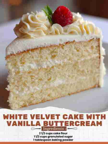 White Velvet Cake with Vanilla Buttercream Ingredients: 2 1/2 cups cake flour 1 1/2 cups granulated...
