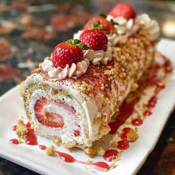 Strawberry Cheesecake Cake Roll Recipe Ingredients: For the Cake: 4 eggs 1 cup granulated sugar 1 cu...