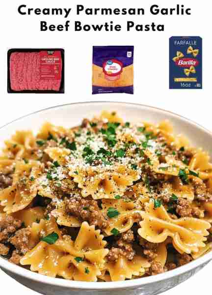 Creamy Parmesan Garlic Beef Bowtie Pasta Ingredients: 12 oz bowtie pasta (farfalle) 1 lb ground beef...