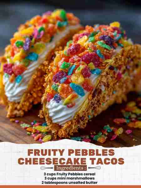 Fruity Pebbles Cheesecake Tacos Ingredients: 3 cups Fruity Pebbles cereal 3 cups mini marshmallows 2...