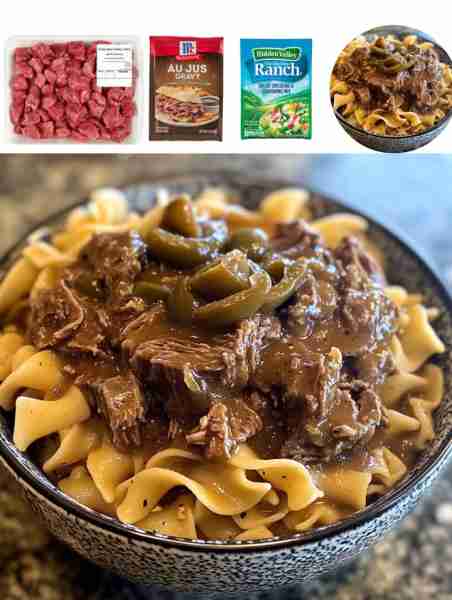 Crockpot Mississippi Beef and Noodles Ingredients: - 2 lbs beef stew meat - 1 packet ranch seasoning...